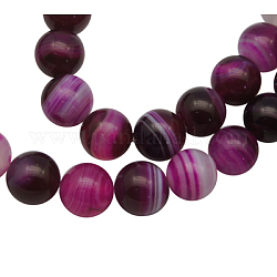 Natural Striped Agate/Banded Agate Beads, Dyed, Round, Fuchsia, Size: about 12mm in diameter, hole: 1mm, 31pcs/strand, 15.5 inch