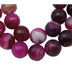 Natural Striped Agate/Banded Agate Beads, Dyed, Faceted, Round, Fuchsia, Size: about 16mm in diameter, hole: 1mm, 23pcs/strand, 15.5 inch
