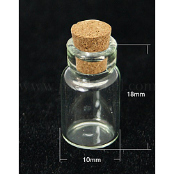 Bouteilles en verre, avec bouchon en liège, perle conteneurs, souhaitant bouteille, clair, 18x10mm, bouchon en bois: 6-7x6~6.5mm, capacité: 1.5 ml (0.05 oz liq.), goulot d'étranglement: 7mm de diamètre