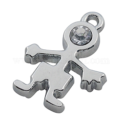Alloy Pendants, Cadmium Free & Lead Free, with Rhinestone, Boy, Platinum Color, about 12mm wide, 17mm long, 2.5mm thick, hole: 1.5mm