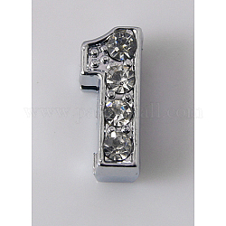 Alloy Number Slide Charms, with Rhinestone, Number 1, Platinum Color, 11~12x4.5~7.5x5mm, Hole: 7x1mm