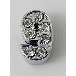Alloy Number Slide Charms, with Rhinestone, Number 9, Platinum Color, 11~12x4.5~7.5x5mm, Hole: 7x1mm