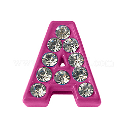 Rhinestone Initial Slide Beads, Alloy Letter Beads,  Letter A for DIY Slide Charm Bracelet, Magenta, about 11.5mm long, 4.5mm thick, hole: 7x1mm