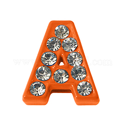 Rhinestone Initial Slide Beads, Alloy Letter Beads,  Letter A for DIY Slide Charm Bracelet, Orange, about 11.5mm long, 4.5mm thick, hole: 7x1mm