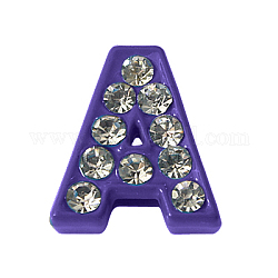 Rhinestone Initial Slide Beads, Alloy Letter Beads,  Letter A for DIY Slide Charm Bracelet, Purple, about 11.5mm long, 4.5mm thick, hole: 7x1mm