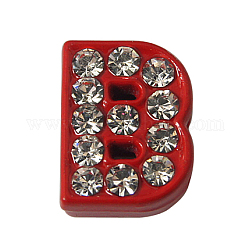 Rhinestone Slide Letter Charms, Alloy Letter Beads,  Letter B for DIY Slide Charm Bracelet, Red, about 9mm wide, 12mm long, 4.5mm thick, hole: 7x1mm