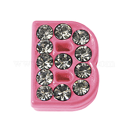 Rhinestone Slide Letter Charms, Alloy Letter Beads,  Letter B for DIY Slide Charm Bracelet, Pink, about 9mm wide, 12mm long, 4.5mm thick, hole: 7x1mm