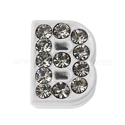 Rhinestone Slide Letter Charms, Alloy Letter Beads,  Letter B for DIY Slide Charm Bracelet, White, about 9mm wide, 12mm long, 4.5mm thick, hole: 7x1mm