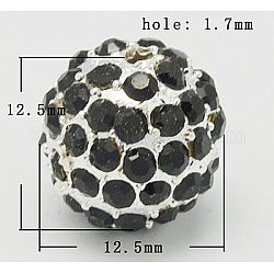 Metall-Legierung Strass Perlen, Runde, silberfarben plattiert, Schwarz, Gr??e: ca. 12.5mm Durchmesser, Bohrung: 1.7 mm