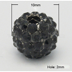 Perles en alliage métallique avec strass, ronde, noir, taille: environ 10mm de diamètre, Trou: 2mm
