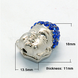 Platinum Alloy Rhinestone Beads, Grade A, Buddha Head, Sapphire, 18x13.5x11mm, Hole: 2mm