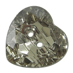 2-Hole Acrylic Faceted Heart Sewing Buttons, Light Grey, about 16mm in diameter, 5mm thick, hole: 1.5mm