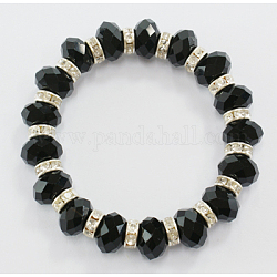 Bracciale con perle di vetro rondelle sfaccettate, con strass, elastico, nero, Bracciale: su 5.5 diametro interno cm