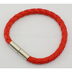 Braided PU Leather Cord Bracelet Making, with Platinum Color Magnetic Clasps, Red, about 65mm inner diameter, 6mm in diameter