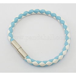 Braided PU Leather Cord Bracelet Making, with Platinum Color Magnetic Clasps, Blue, about 65mm inner diameter, 6mm in diameter