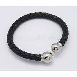 Braided Leather Cord Bracelets, with Stainless Steel Clasps, Black, Size: about 66mm inner diameter, 8mm wide
