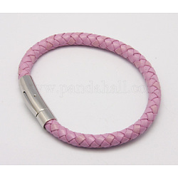 Braided Leather Cord Bracelets, with Stainless Steel Clasps, Violet, Size: about 205mm long, 60mm inner diameter, 7mm wide