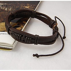 Cord Bracelets, with Waxed Cotton Cord and PU Leather, Coconut Brown, 55mm
