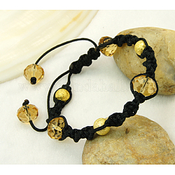 Fashion Bracelets, with Rondelle Glass Beads, Brass Textured Beads and Nylon Thread, Yellow, Inner Diameter: 55~100mm