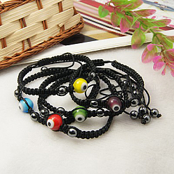 Bracelets de boule tressés mauvais œil de mode au chalumeau, bracelet noeud carré, avec des perles d'hématite non magnétiques et corde de nylon, couleur mixte, 50~95mm