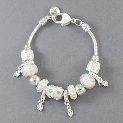 Legierung europäischen Stil Armbänder, mit Strass-Legierung emaillierte Perlen und Glasperlen, weiß, 7-7/8 Zoll (20 cm) lang
