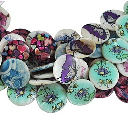 Printed Natural Shell Beads Strands, Flat Round, Mixed Color, Size: about 20mm in diameter, 3mm thick, hole: 1mm, about 20pcs/strand