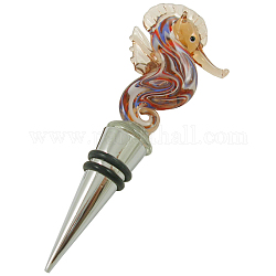 Handmade Lampwork Bottle Stopper, Sea Horse, Alloy Base, with Personality Box, about 48mm wide, 140mm long