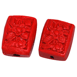 Cinnabar Beads, Carved Lacquerware, Rectangle, Red, Size: about 11mm long, 9mm wide, 6.5mm thick, hole: 1.5mm