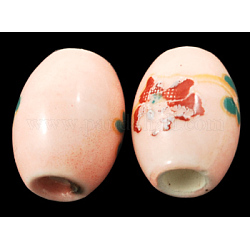 手作りの陶器ビーズ  印刷  オーバル  ピンク  約10.5mm長  8 mm幅  穴：2mm
