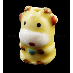 Handmade Famille Rose Porcelain Beads, Chinese Zodiac-Ox, Yellow, about 18mm long, 13mm wide, 12mm thick, hole: 2mm