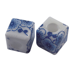 Hechos a mano de los abalorios de la porcelana azul y blanca, cubo, azul, aproximamente 10 mm de largo, 10 mm de ancho, 10 mm de espesor, agujero: 2.5 mm