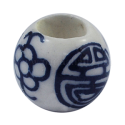 Abalorios europeos de porcelana hechas a mano, Abalorios de grande agujero, redondo, sin núcleo metálico, blanco, aproximamente 12 mm de diámetro, 10 mm de espesor, agujero: 6 mm