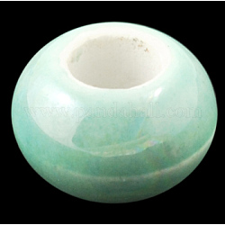 Handmade Porcelain European Beads, Large Hole Beads, No Metal Core, Pearlized Plated, Round/Rondelle, Pale Green, about 13.5mm in diameter, 8.5mm thick, hole: 5mm