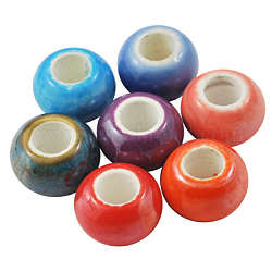 Handmade Porcelain European Beads, Large Hole Beads, No Metal Core, Pearlized Plated, Round/Rondelle, Mixed Color, about 13.5mm in diameter, 8.5mm thick, hole: 5mm