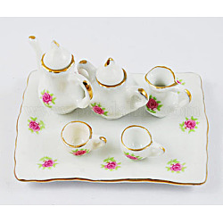 Handmade Porcelain Tea Set Decoration, Rectangle, White, saucer: 71mm long, 50mm wide, 6.5mm thick, biggest teapot: 36mm long, 32mm wide, 27.5mm thick, teacup: 12mm in diameter, 9mm thick