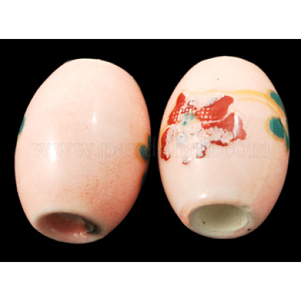 手作りの陶器ビーズ  印刷  オーバル  ピンク  約10.5mm長  8 mm幅  穴：2mm CF325Y-5-1