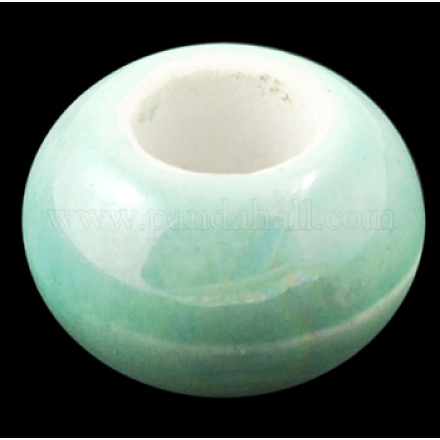 手作り陶器ヨーロピアンビーズ  大穴ビーズ  芯金がない  メッキパールカラーの  ラウンド/ロンデル  淡緑色  直径約13.5mm  厚さ8.5mm  穴：5mm CFPDL097Y-2-1