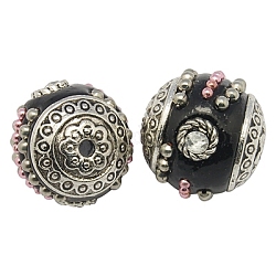 Handmade Indonesia Beads, with Brass Core, Round, Black, Size: about 17mm in diameter, hole: 2mm.