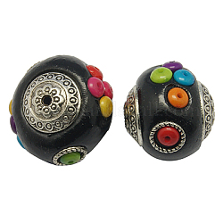 Handmade Indonesia Beads, with Brass Core, Round, Black, Size: about 24mm wide, 21mm long, hole: 1.5mm.