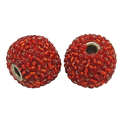 Handmade Indonesia Beads, with Brass Core and Seed Beads, Round, Red, Size: about 16mm in diameter, 15mm thick, hole: 3.8mm.