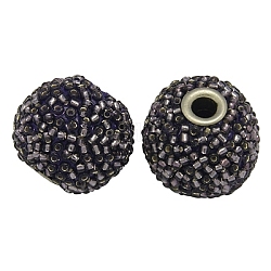 Handmade Indonesia Beads, with Brass Core and Seed Beads, Round, Indigo, Size: about 16mm in diameter, 15mm thick, hole: 3.8mm.