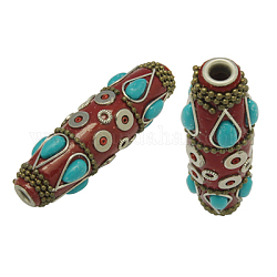 Handmade Indonesia Beads, with Brass Core, Tube, Red, Size: about 18mm wide, 60mm long, hole: 5mm