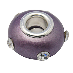 Perles européennes artisanales en pâte de polymère, avec strass et laiton noyau, gentil pour le bracelet de bijoux europe, rondelle, violet, taille: environ 15mm de diamètre, épaisseur de 9mm, Trou: 5mm