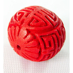Perles de cinabre, sculpté en laque, ronde, rouge, Longueur 24.5mm, épaisseur de 22.5mm, Trou: 2mm