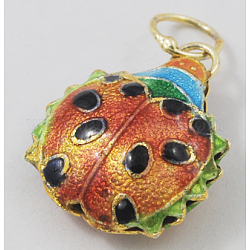 Cloisonne Beetle Pendant, Orange Red, 20mm long, 18mm wide, 8mm thick, hole: 4mm
