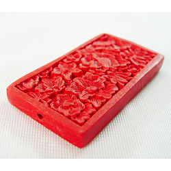 Cinnabar Beads, Carved Lacquerware, Rectangle, Red, 58mm long, 30mm wide, 7mm thick, hole: 2mm