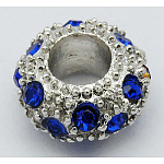 Alloy Rhinestone European Beads, Large Hole Beads, Rondelle, Platinum Metal Color, Sapphire, 11x6mm, Hole: 5mm