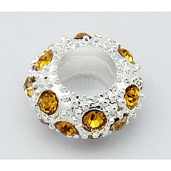 Alloy European Beads, with Rhinestone Beads, Rondelle, Silver Metal Color, Topaz, 11x5.5mm, Hole: 5mm