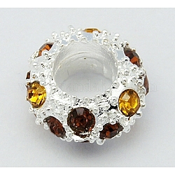Alloy European Beads, with Rhinestone Beads, Rondelle, Silver Metal Color, Colorful, 11x5.5mm, Hole: 5mm