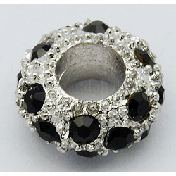 Alloy Rhinestone European Beads, Large Hole Beads, Platinum Metal Color, Jet, 13x7mm, Hole: 5mm